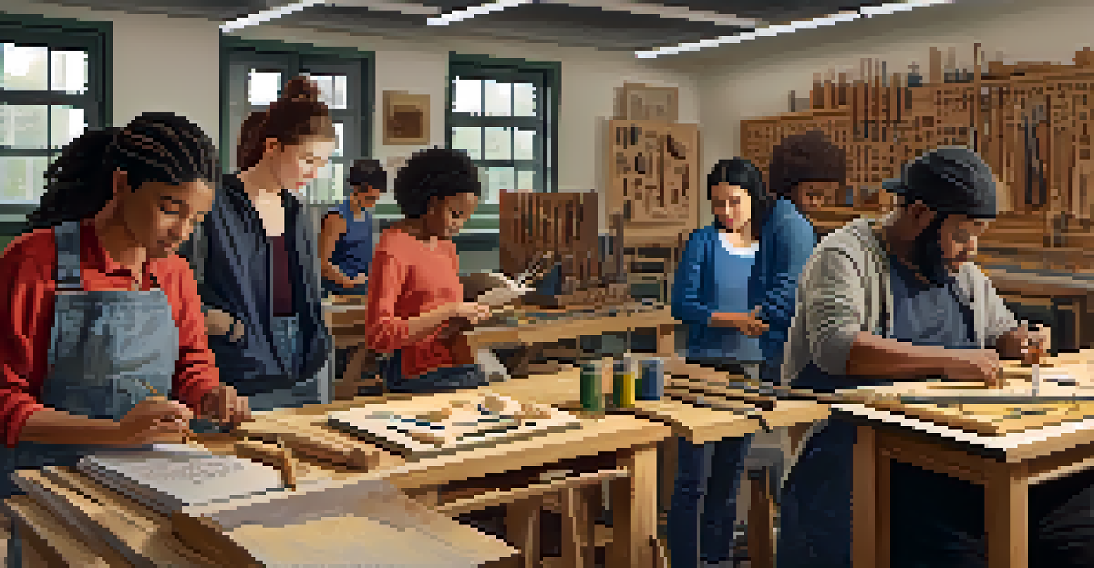 A warm-lit carving class with students working on individual projects, and an instructor providing guidance, creating a collaborative atmosphere.