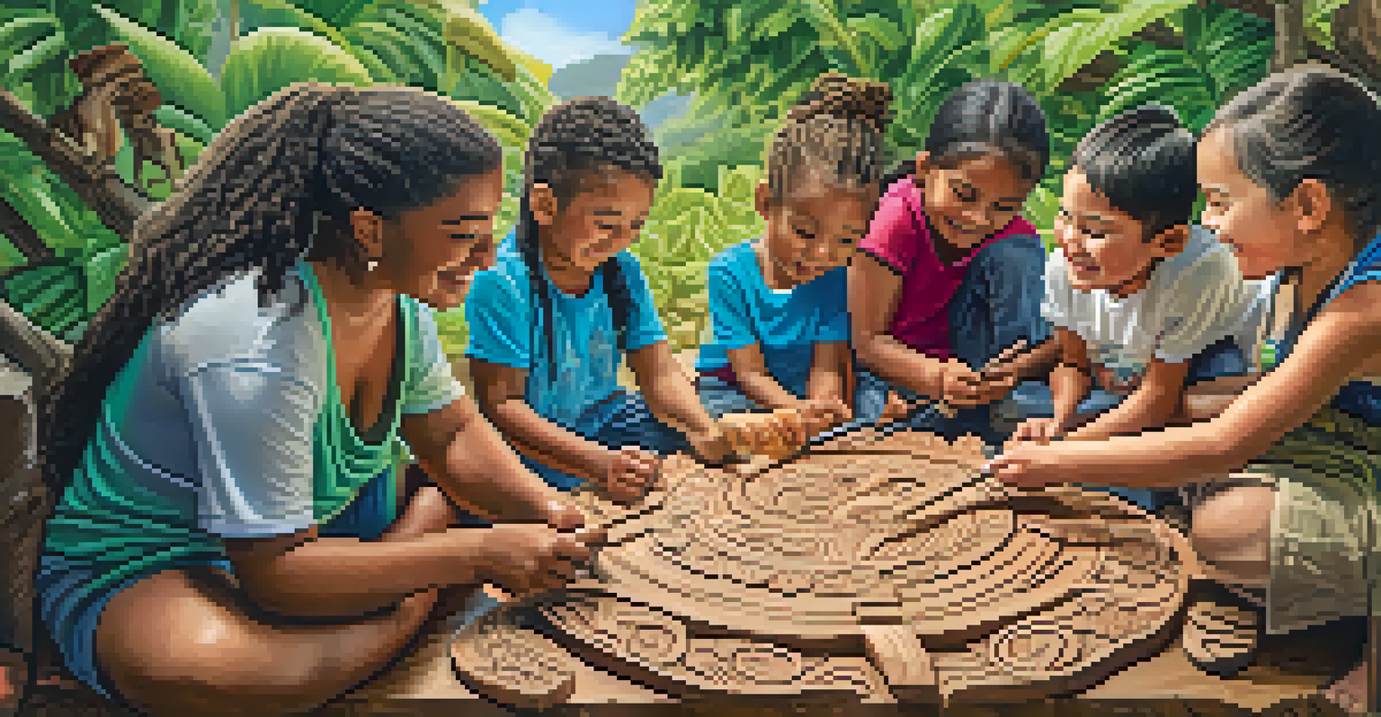 A diverse group of people engage in an outdoor carving session, surrounded by greenery and colorful carved projects, sharing stories and skills.