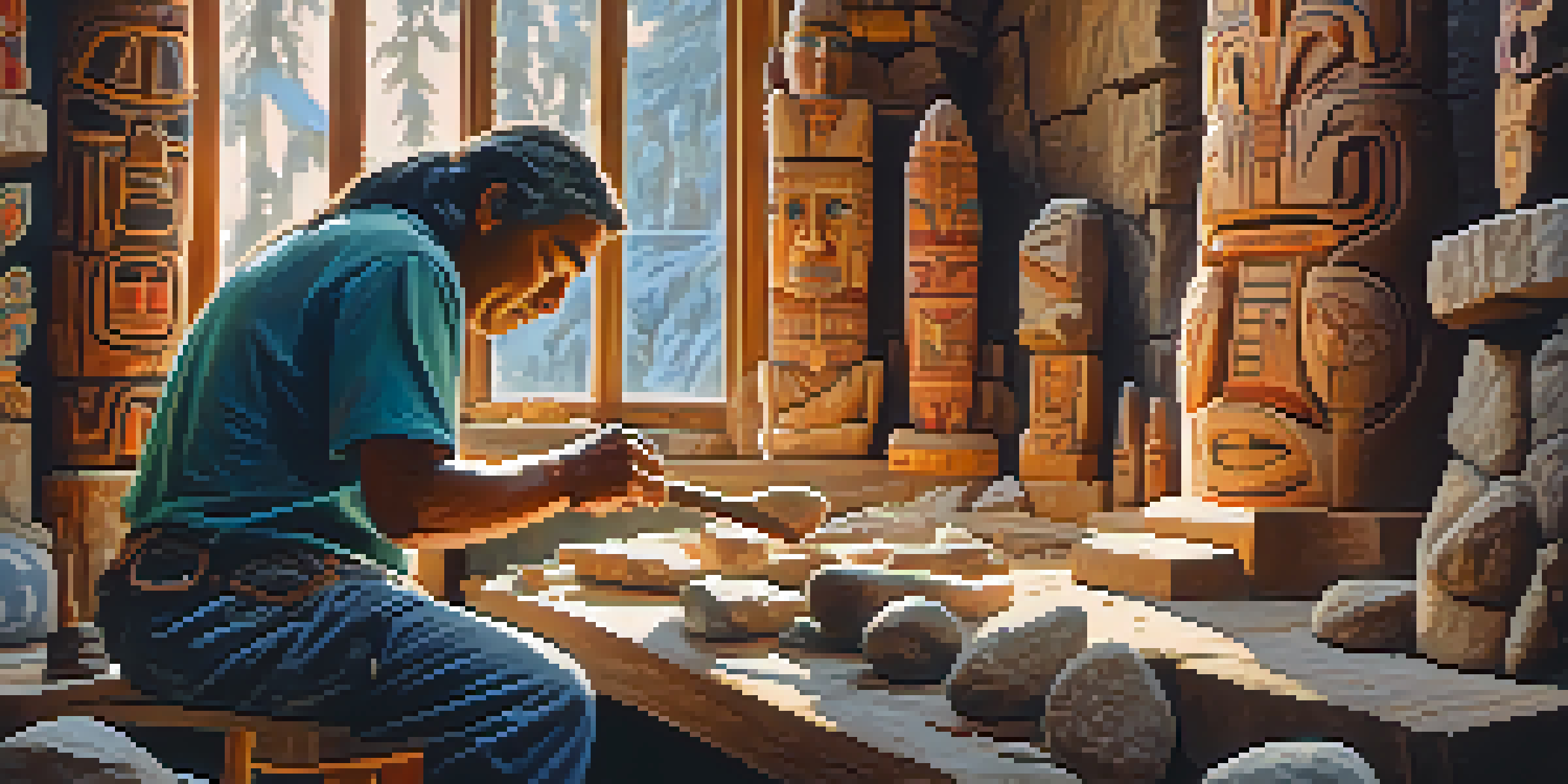 An Indigenous stone carver working on a totem pole in a workshop filled with tools and stones, sunlight streaming through the window.