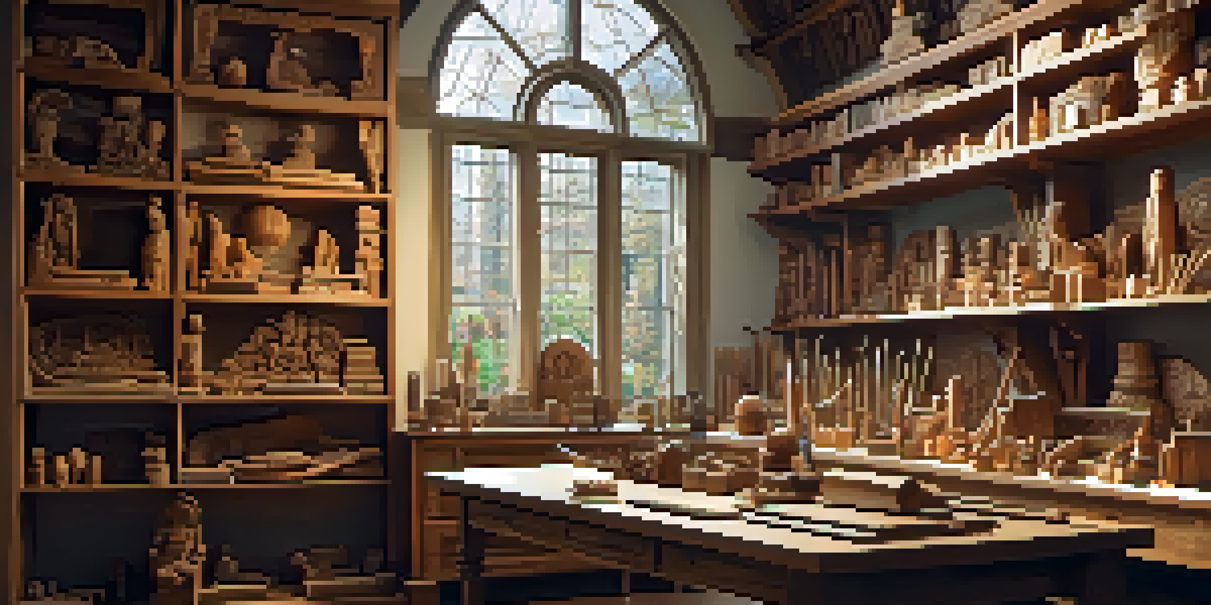 A wooden workshop with carving tools on a workbench and a half-finished sculpture illuminated by natural light.