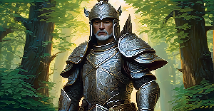 A confident warrior character with intricately carved armor stands in a mystical forest, illuminated by soft sunlight.