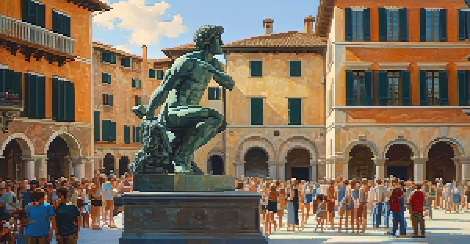 Donatello's statue of David in a bustling Florentine piazza, with people admiring it against a backdrop of historical architecture and a blue sky.