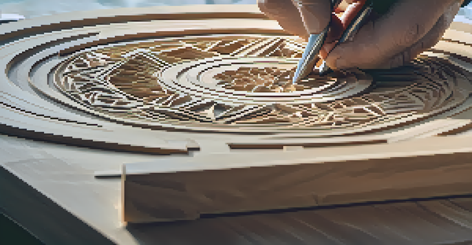 An artisan's hands carving geometric patterns into basswood with a chip carving knife, illuminated by soft natural light.