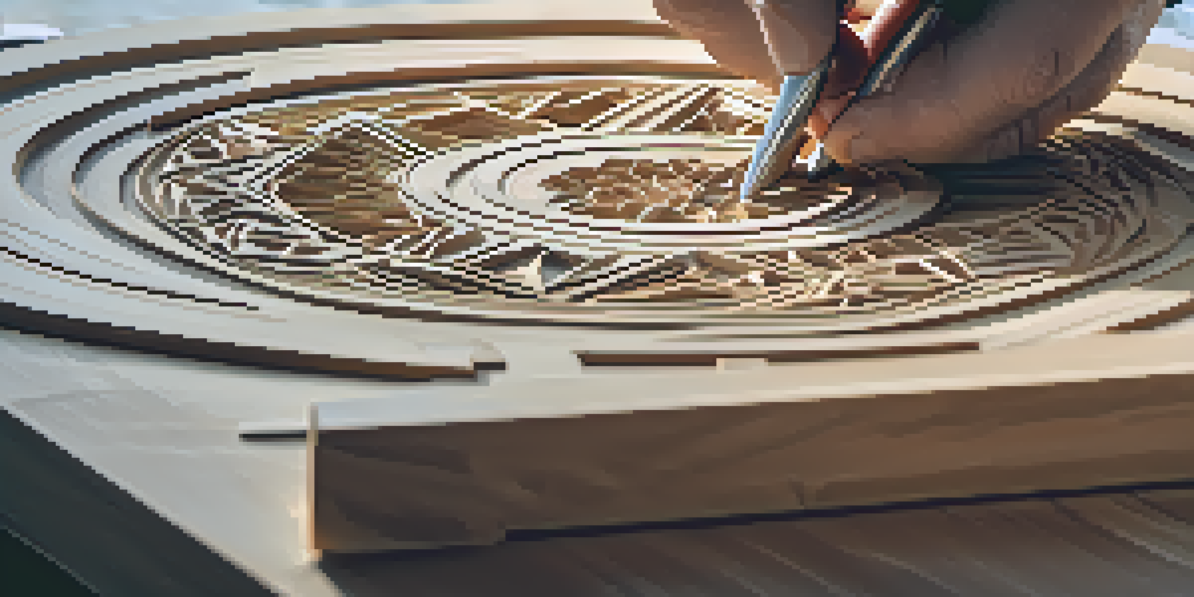 An artisan's hands carving geometric patterns into basswood with a chip carving knife, illuminated by soft natural light.