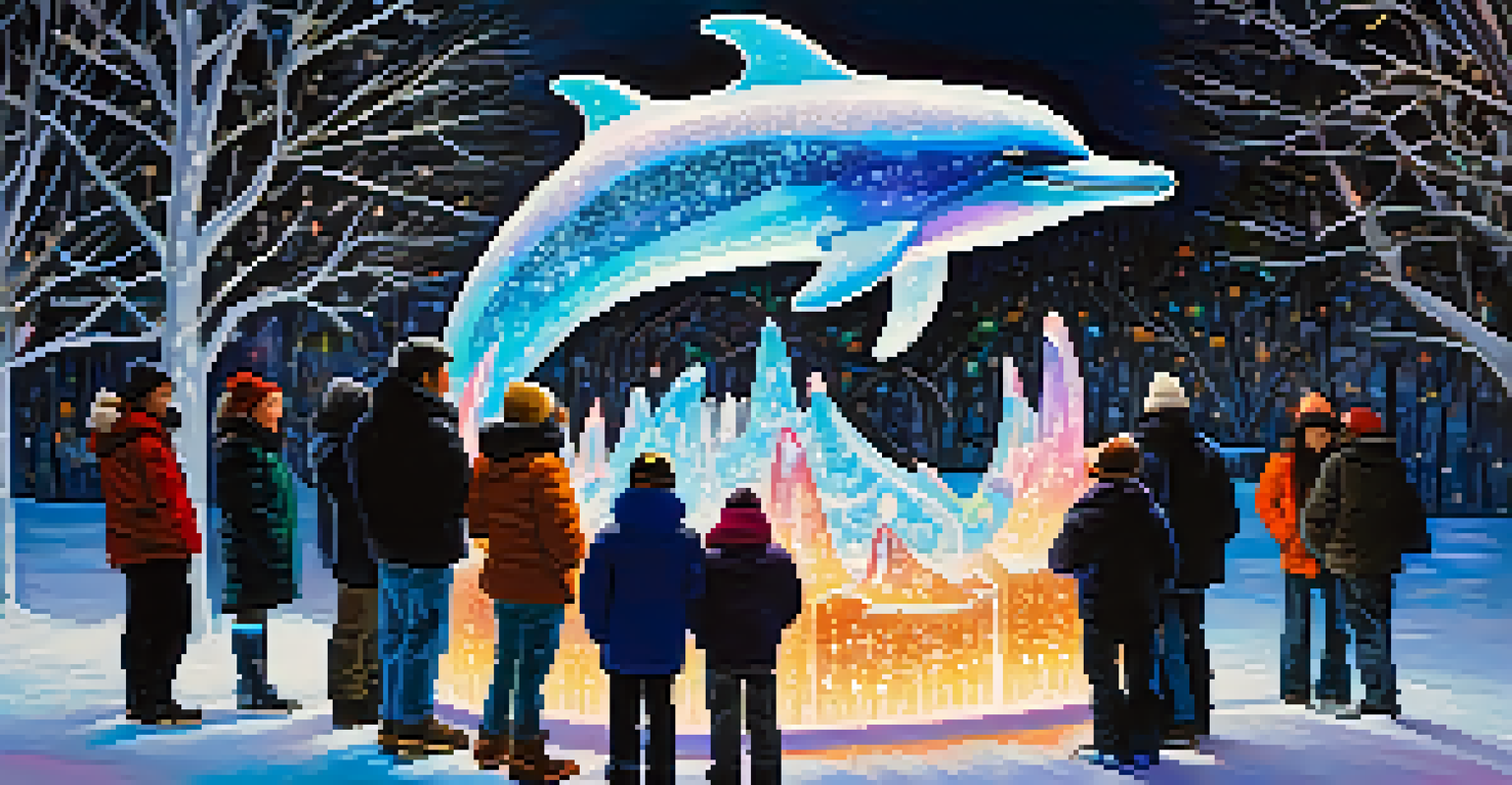 An illuminated ice sculpture of a dolphin in a snowy setting, surrounded by spectators.