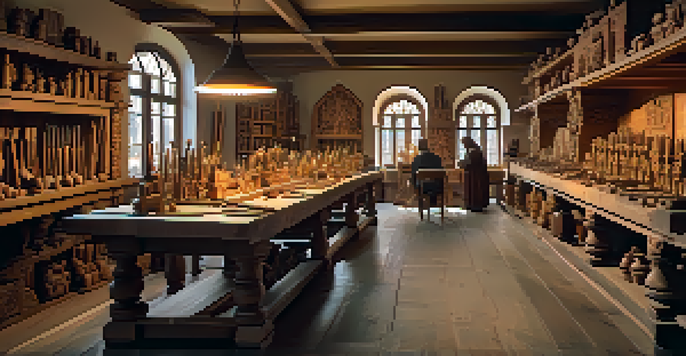 Artisans working in a medieval woodcarving workshop, surrounded by tools and intricate wooden sculptures.