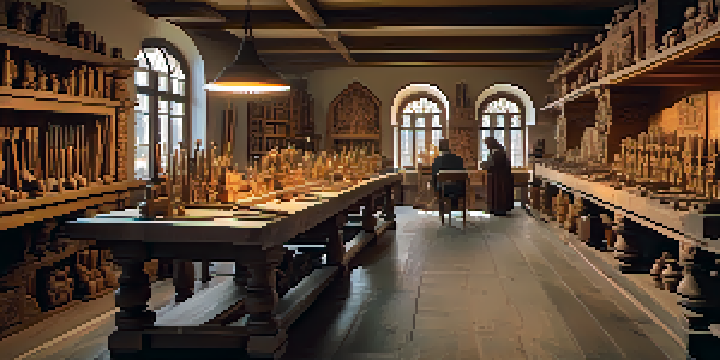 Artisans working in a medieval woodcarving workshop, surrounded by tools and intricate wooden sculptures.