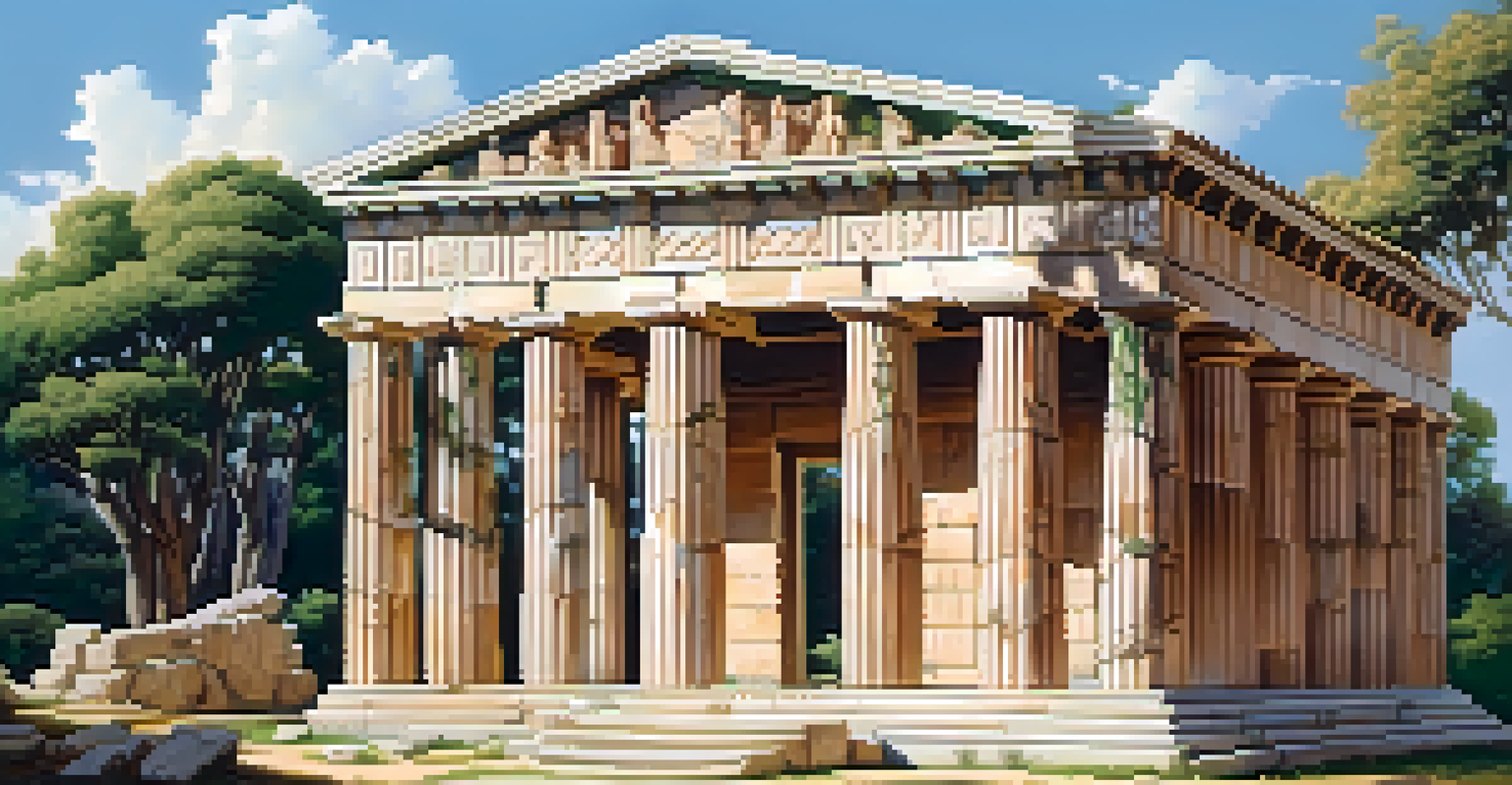 A wide view of a reconstructed ancient Greek temple with grand columns and detailed pediments set against a blue sky and greenery.