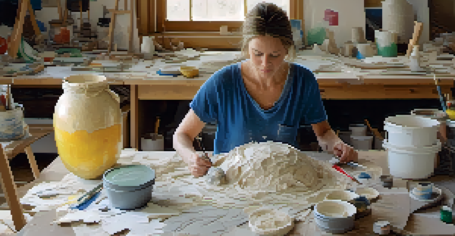 An artist focused on creating a large paper mache project in a bright, cluttered workspace.
