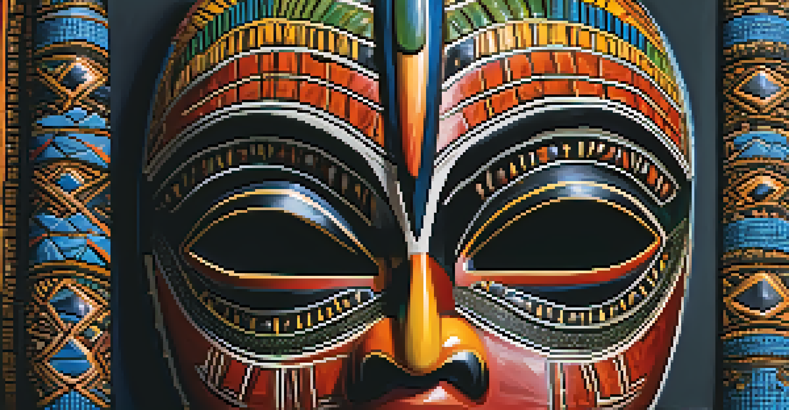 A close-up of a colorful African mask with intricate carvings, set against a dark background and softly lit to highlight its details.