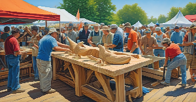 An outdoor carving contest with artisans working on wooden sculptures, a crowd of spectators, and a clear blue sky.