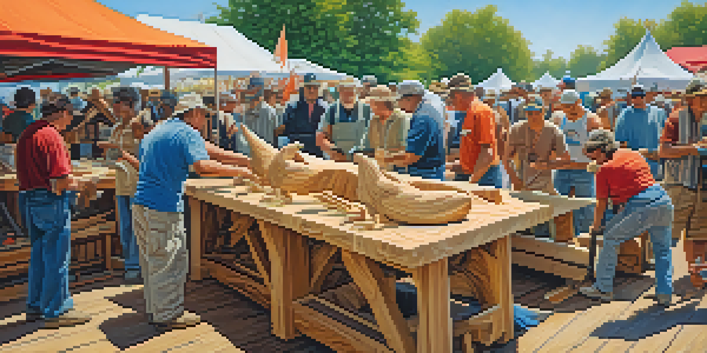 An outdoor carving contest with artisans working on wooden sculptures, a crowd of spectators, and a clear blue sky.