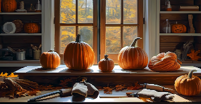 A carving workspace with tools, pumpkins, and safety gear, well-lit by natural light.