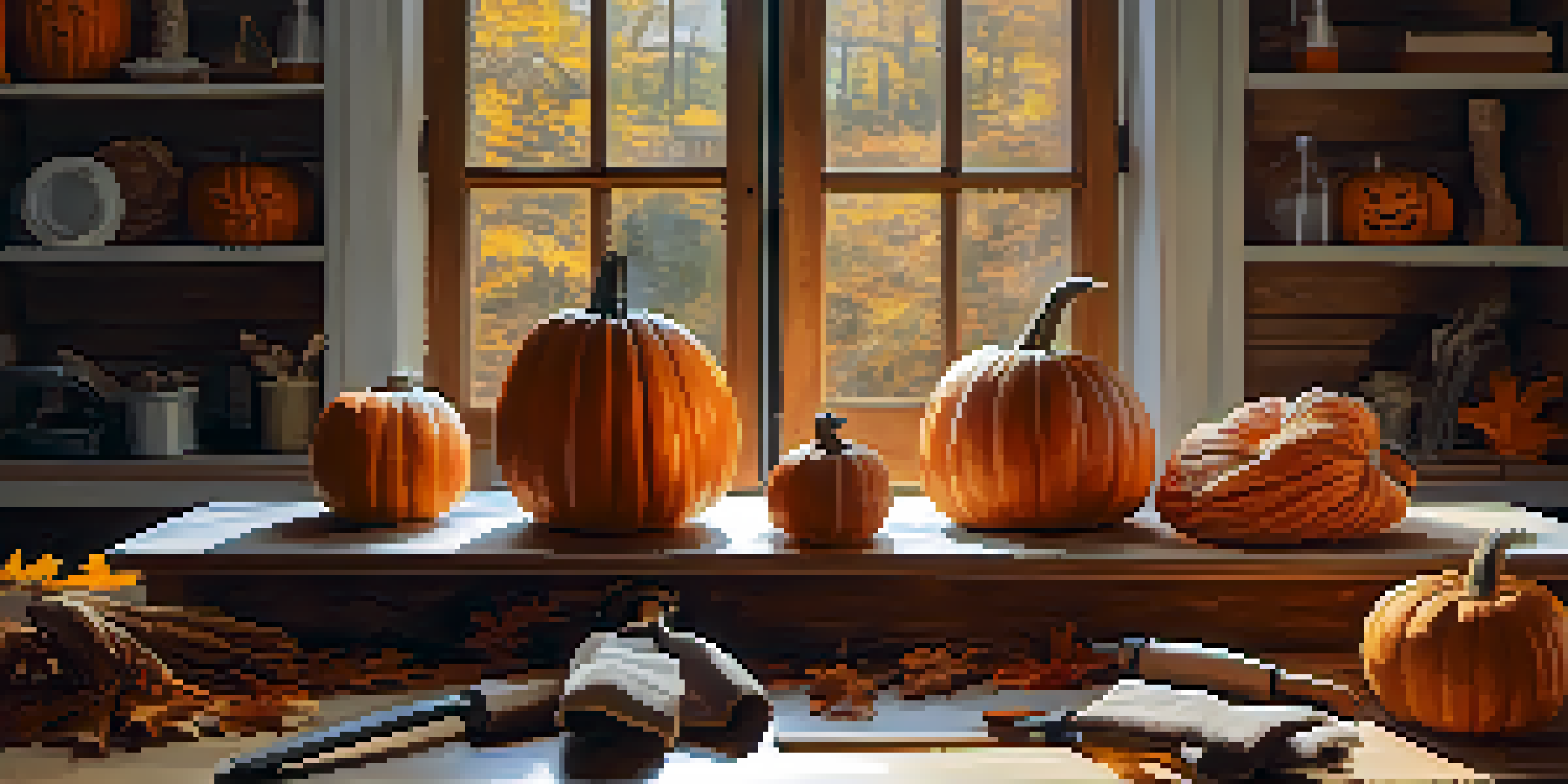 A carving workspace with tools, pumpkins, and safety gear, well-lit by natural light.