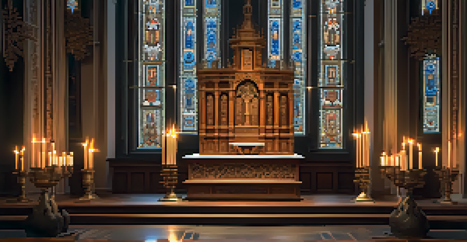 A close-up view of a beautifully carved wooden altar in a cathedral, illuminated by candlelight.