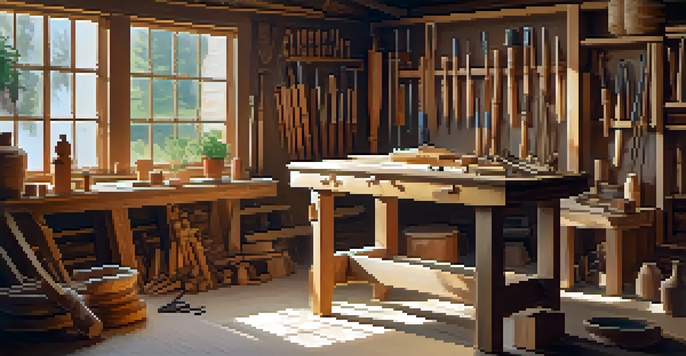 A cozy workshop with a wooden carving table, tools, and a partially carved sculpture, illuminated by soft light.