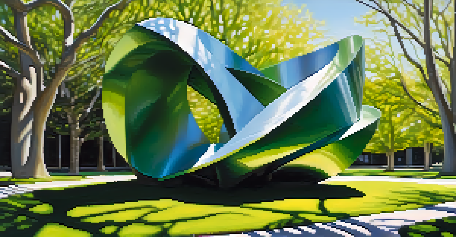 An abstract metal sculpture with twisting shapes in a green park, surrounded by flowers and trees.
