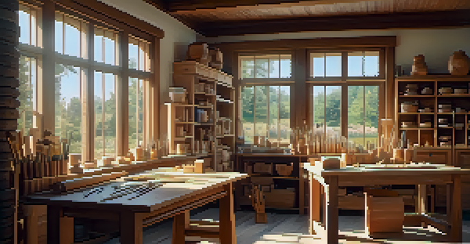 A bright and tidy carving workspace with a wooden table, neatly arranged carving tools, and shelves filled with wood blocks.