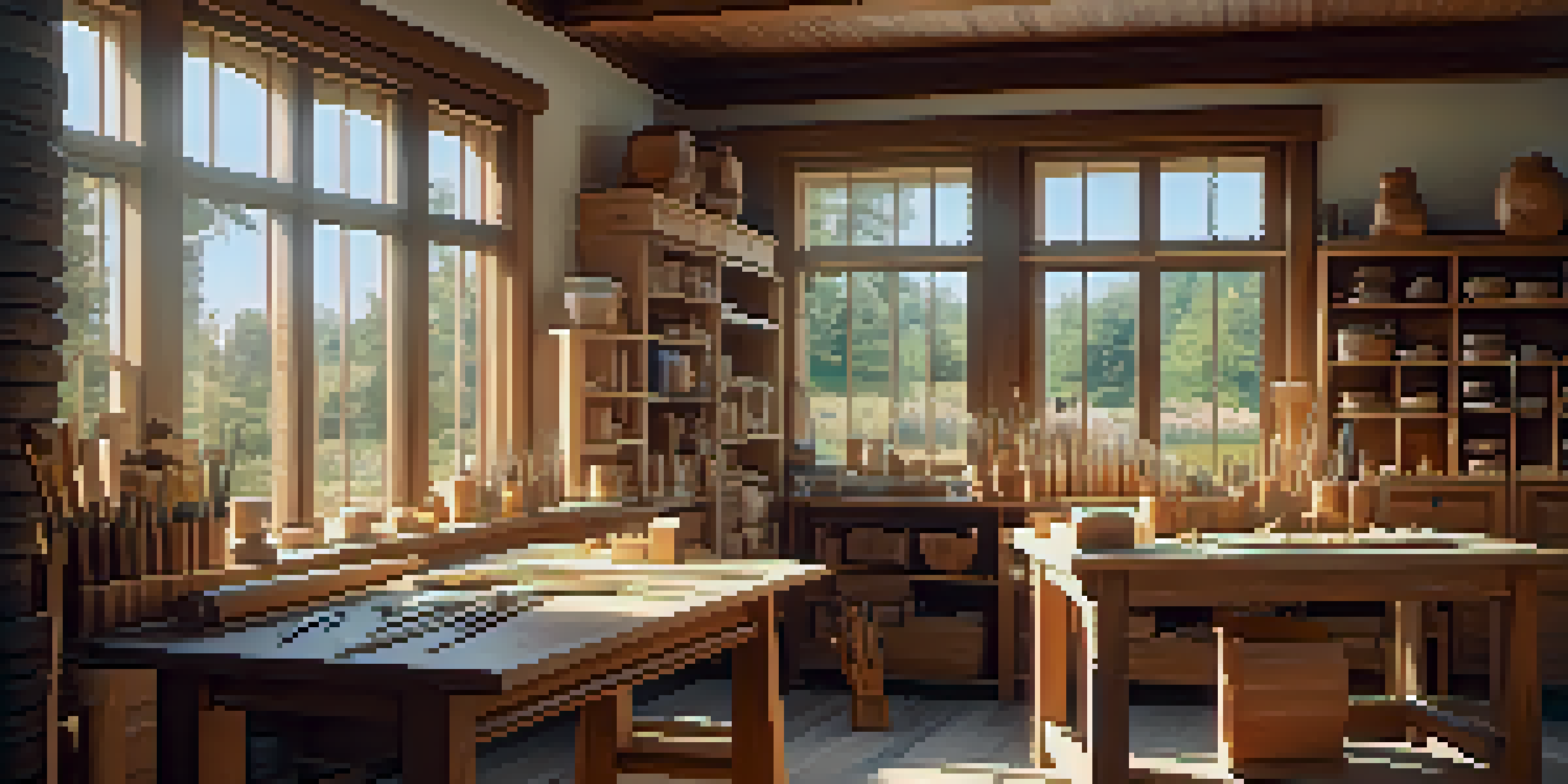A bright and tidy carving workspace with a wooden table, neatly arranged carving tools, and shelves filled with wood blocks.