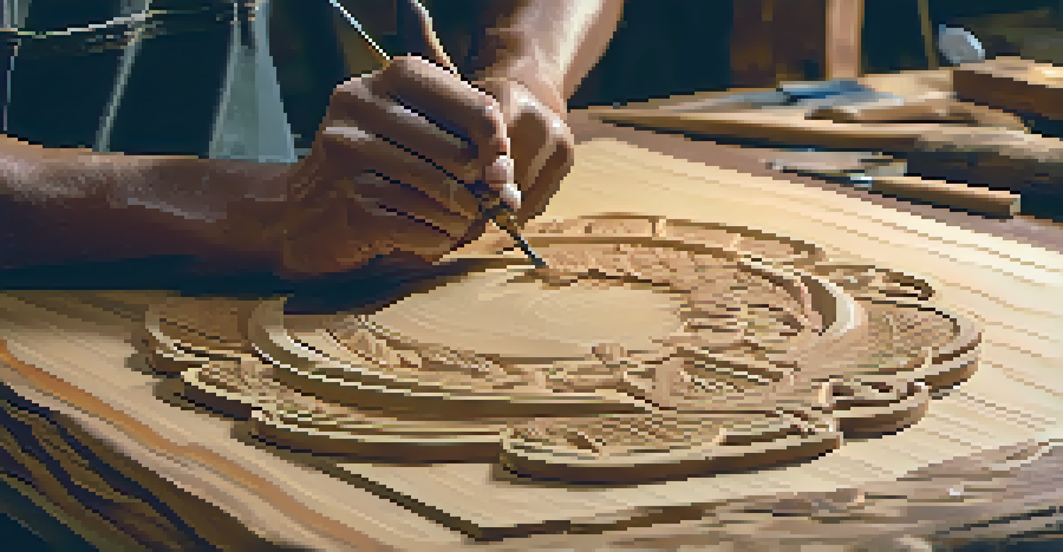 A close-up of an artisan performing relief carving on native wood, showcasing intricate details.