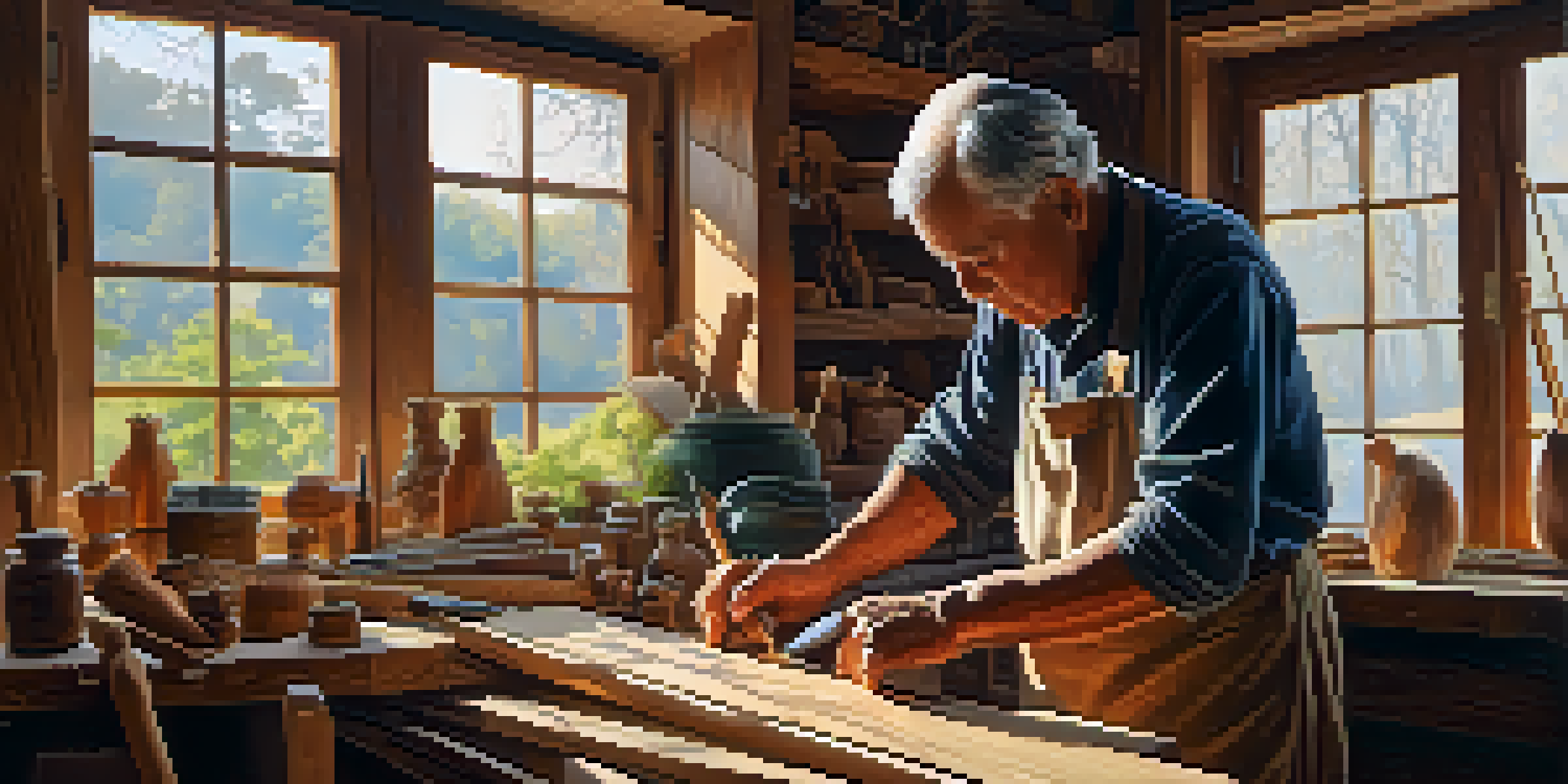 An elderly carver working on wood in a sunlit workshop, surrounded by tools and wood shavings.