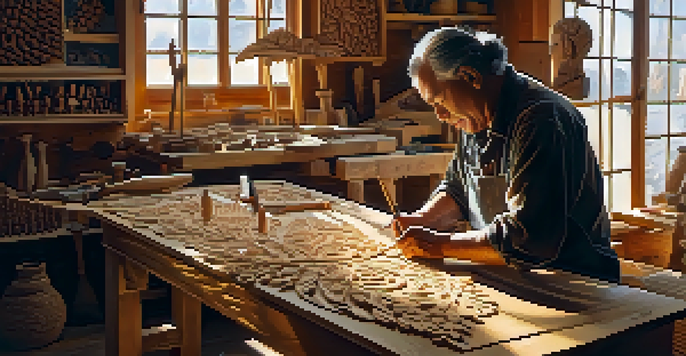 An artisan working on a wooden sculpture in a bright workshop, with carving tools and wood shavings visible.