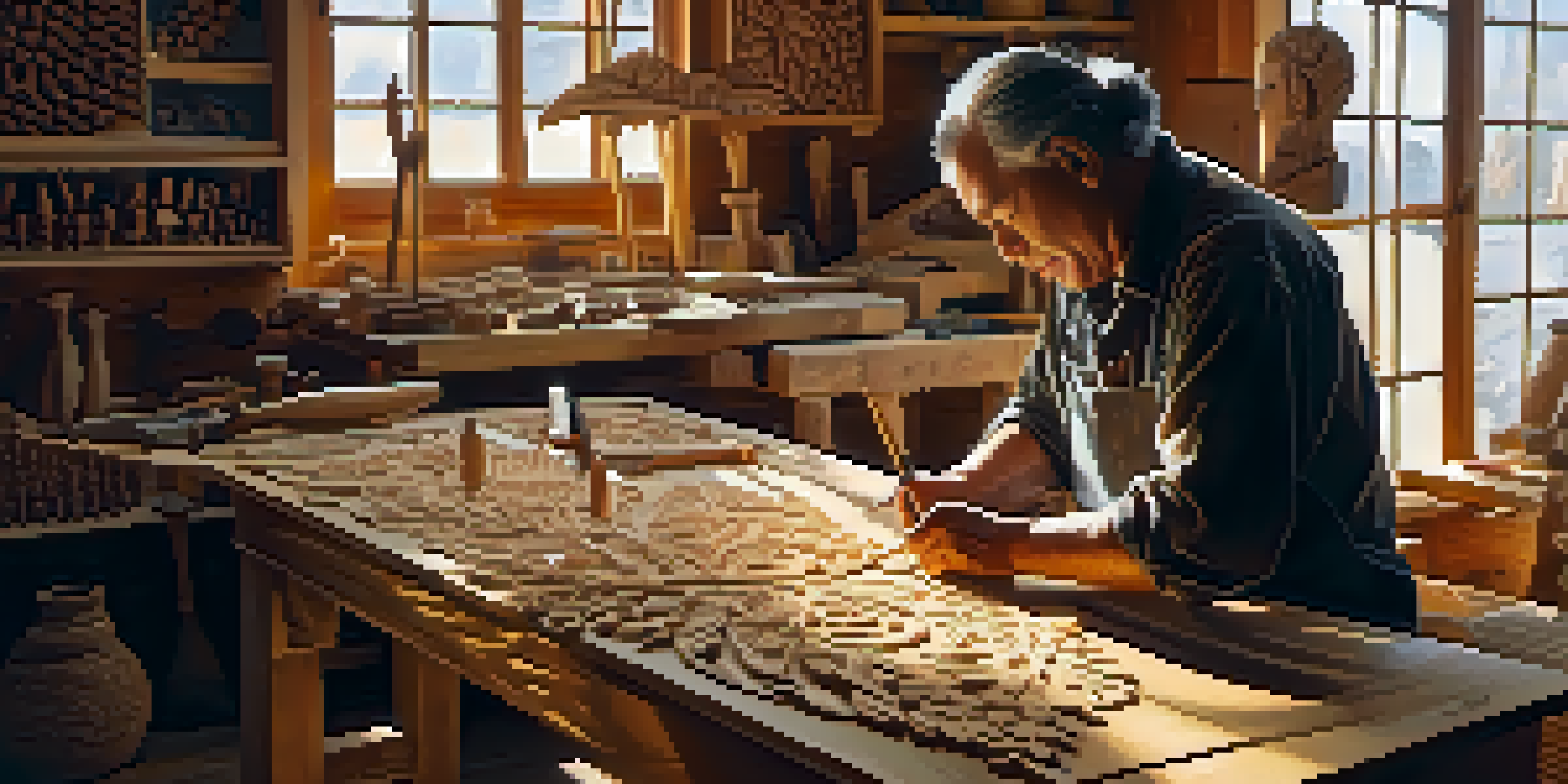 An artisan working on a wooden sculpture in a bright workshop, with carving tools and wood shavings visible.