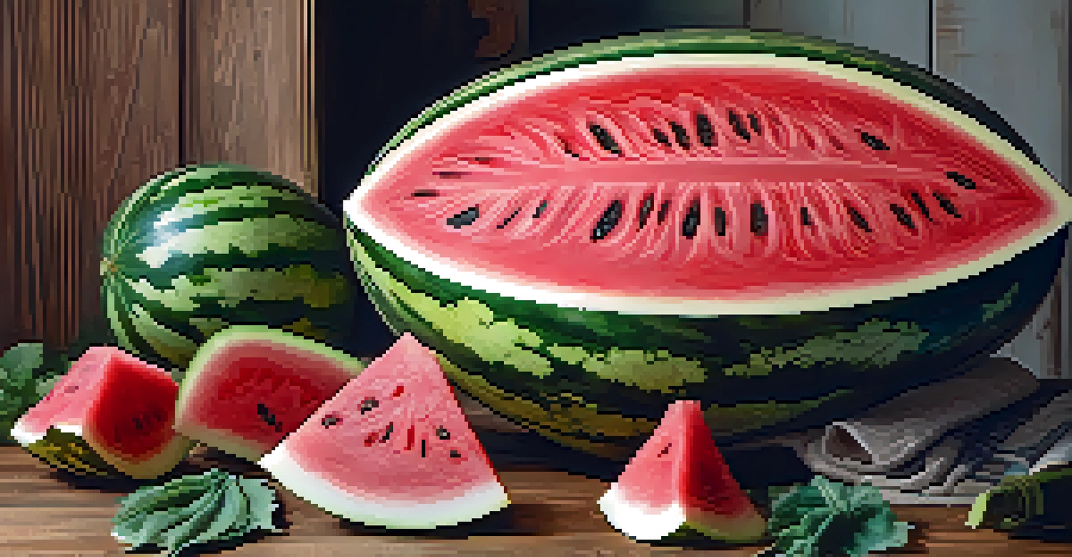 A watermelon carved into a floral bouquet design, with intricate details and vibrant colors, displayed on a wooden table under natural light.