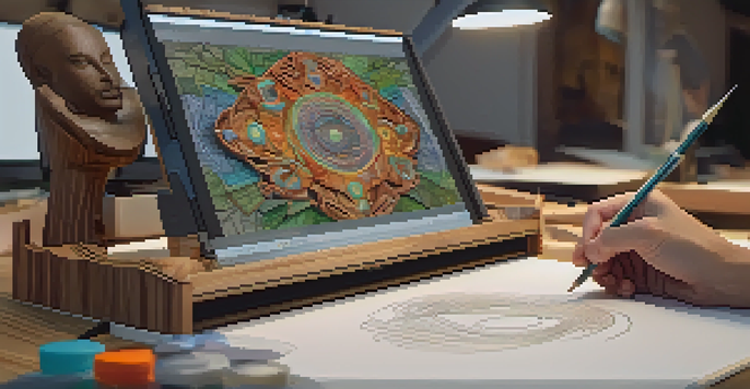 A bright workspace featuring a computer screen displaying a 3D CAD model of a wooden sculpture, with an artist's hands using a stylus.