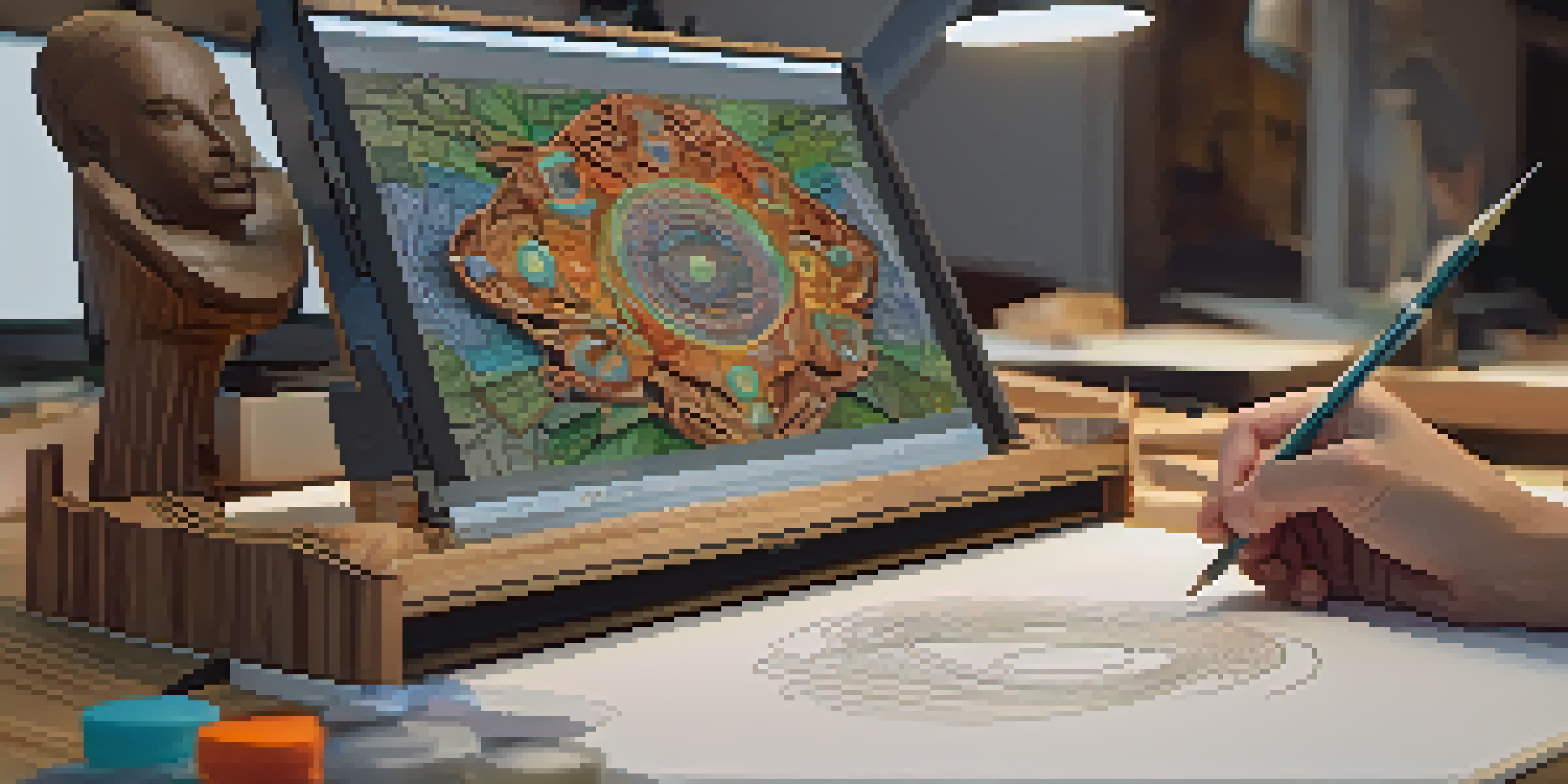 A bright workspace featuring a computer screen displaying a 3D CAD model of a wooden sculpture, with an artist's hands using a stylus.