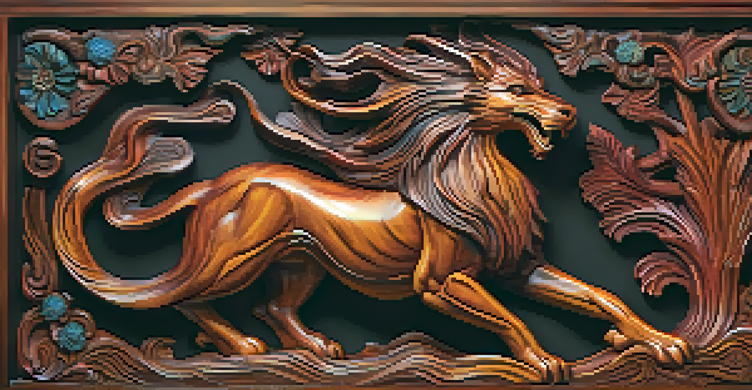 Vibrant stained relief carving of a mythical creature with bright colors and a shiny finish highlighting intricate details.