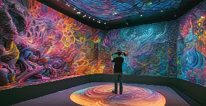 An artist in a virtual reality studio using VR gloves to create a large, intricate digital sculpture amidst vibrant colors and dynamic lighting.