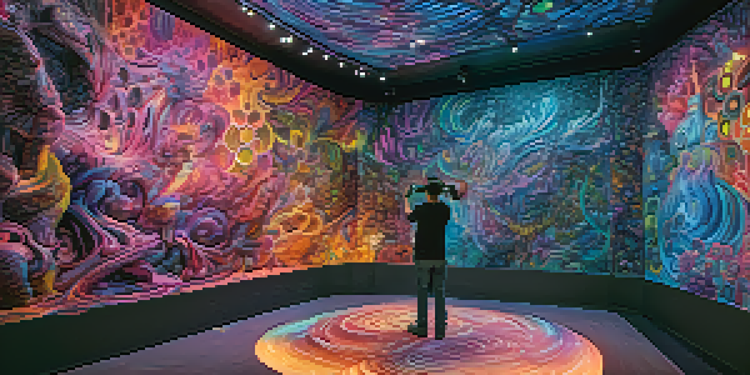 An artist in a virtual reality studio using VR gloves to create a large, intricate digital sculpture amidst vibrant colors and dynamic lighting.