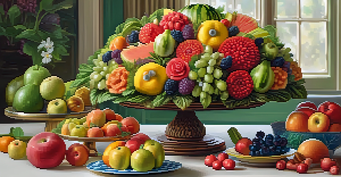 A beautifully carved watermelon centerpiece resembling a flower, with assorted fruits and vegetables displayed around it.