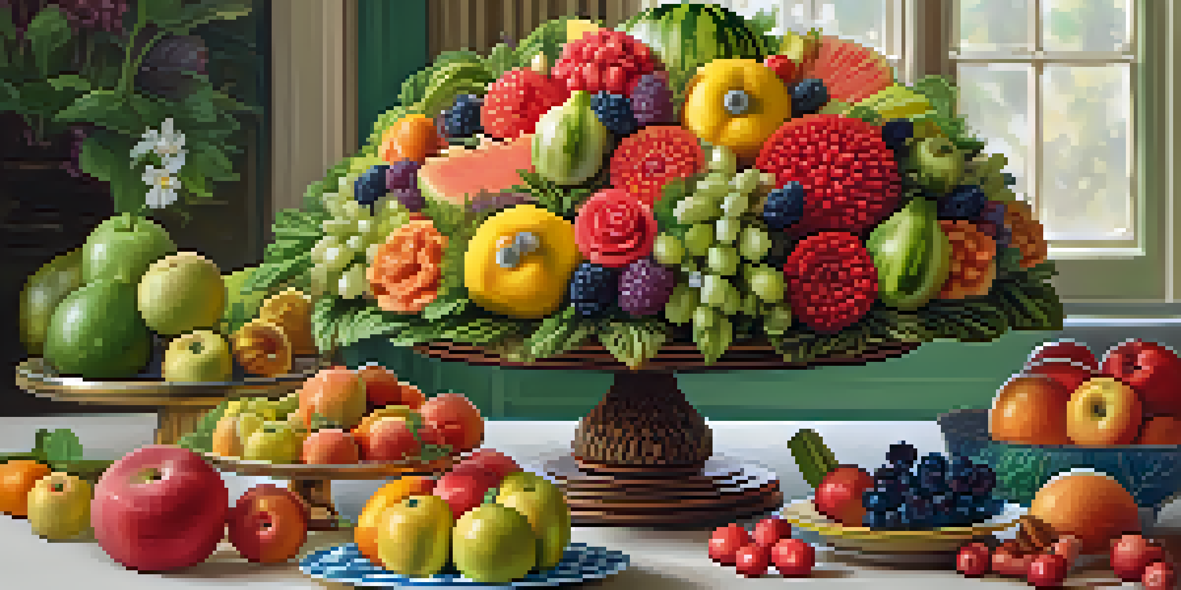 A beautifully carved watermelon centerpiece resembling a flower, with assorted fruits and vegetables displayed around it.