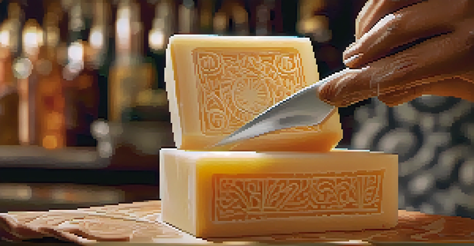 A person focused on carving intricate patterns into a bar of soft soap, with the details of the soap texture and tools visible.