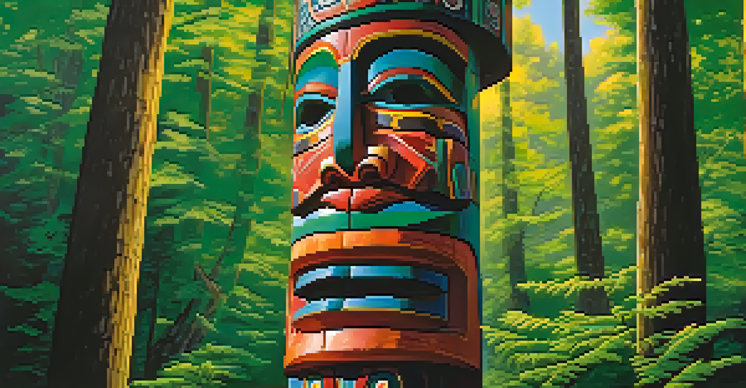 A totem pole with intricate carvings representing local folklore, surrounded by a lush forest, with sunlight creating shadows.