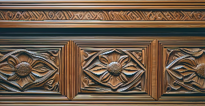 A detailed close-up of an intricately carved wooden surface, emphasizing the texture and aging patterns.