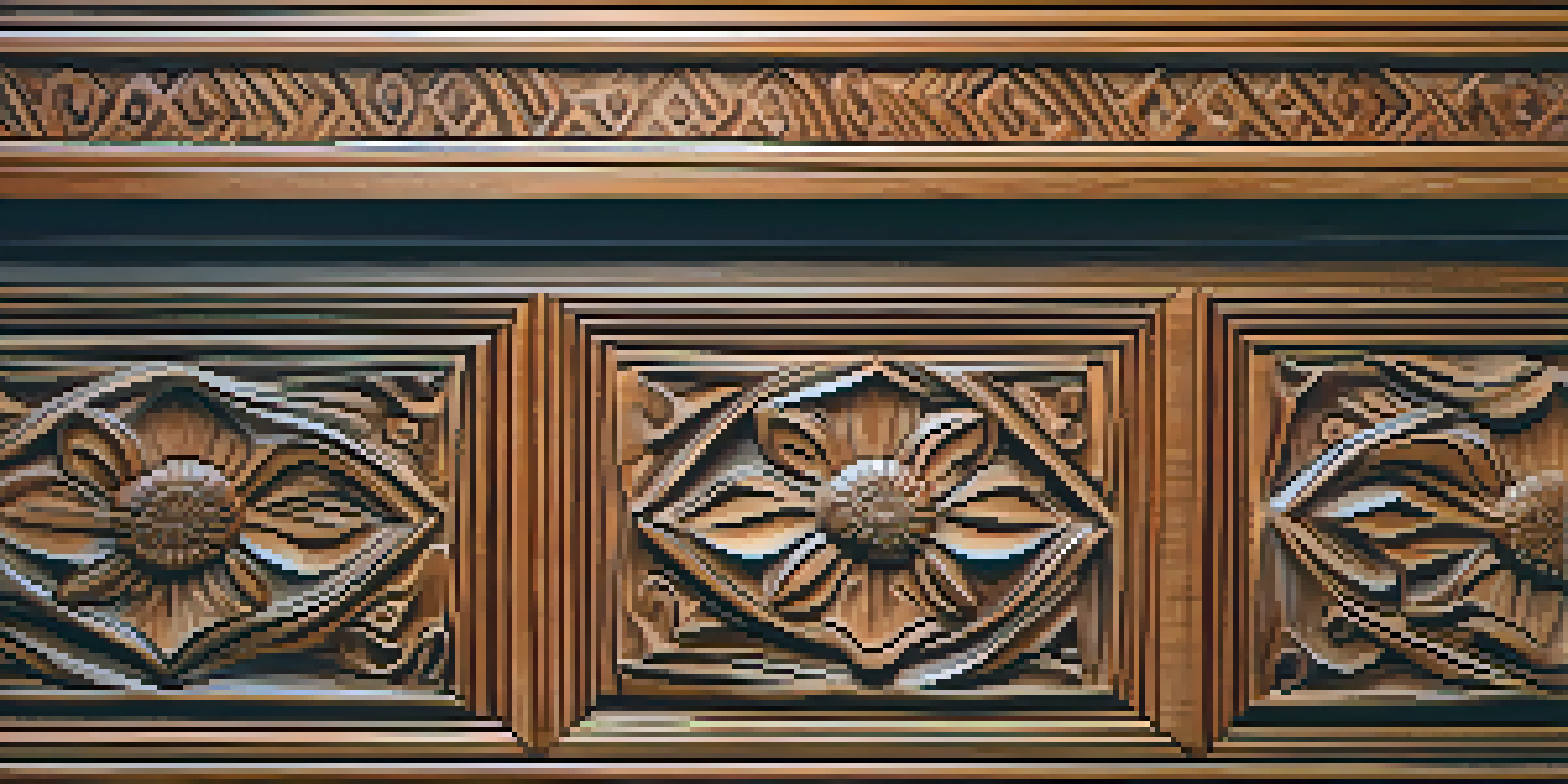 A detailed close-up of an intricately carved wooden surface, emphasizing the texture and aging patterns.