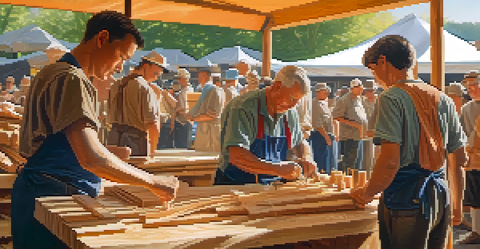 A woodcarver intensely focused on their work during a lively outdoor competition, with spectators and colorful banners in the background.