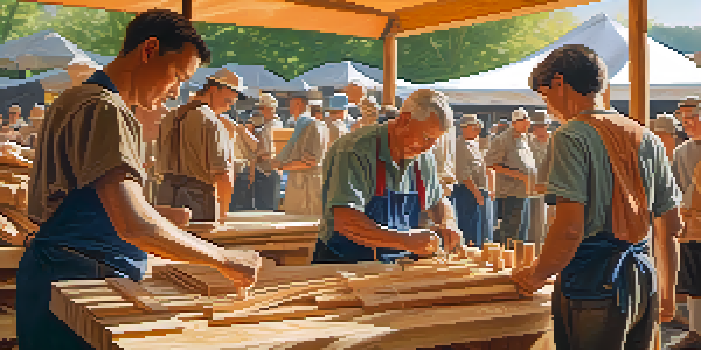 A woodcarver intensely focused on their work during a lively outdoor competition, with spectators and colorful banners in the background.