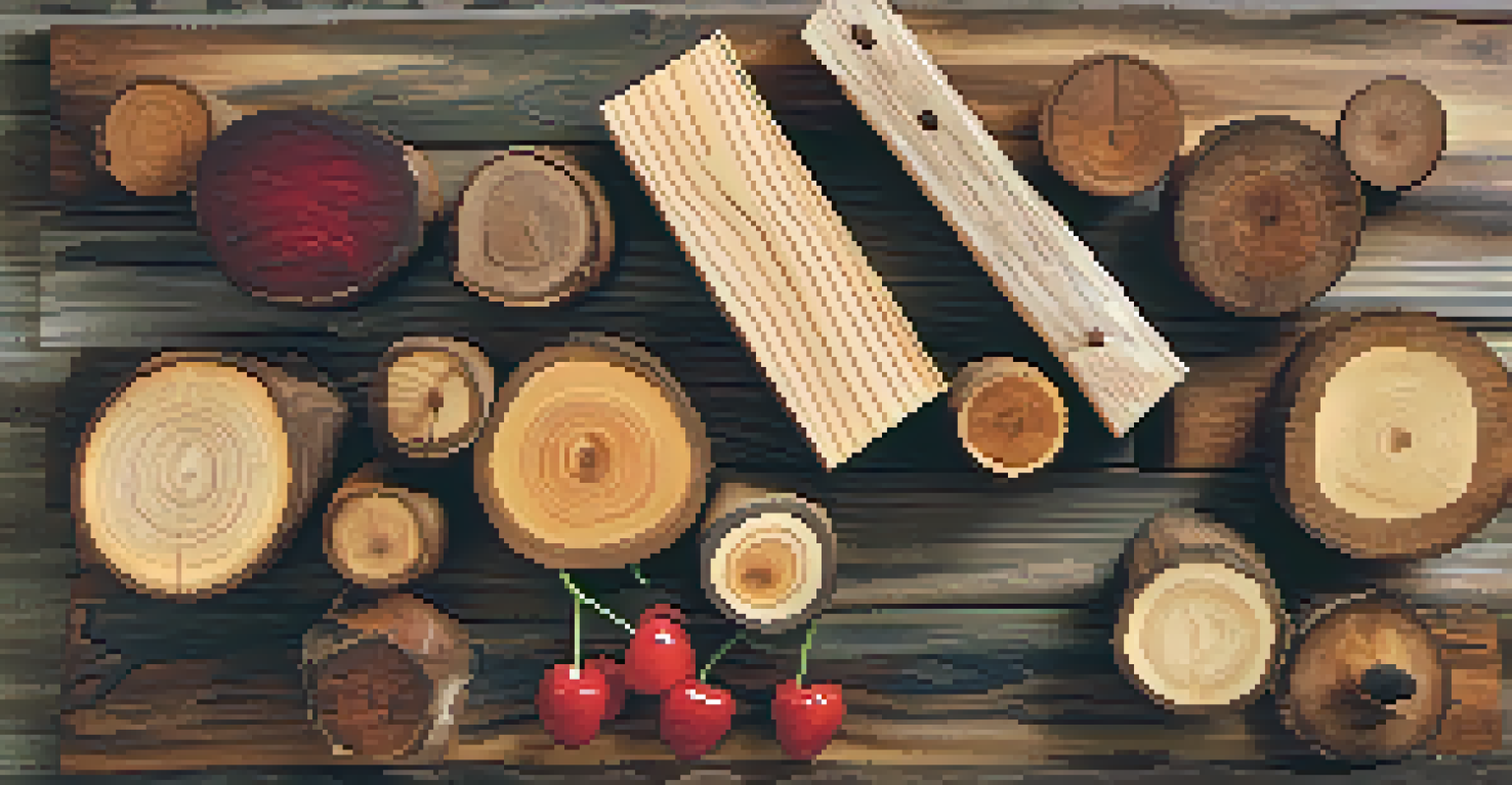An artistic arrangement of various types of wood on a rustic table, showcasing different grain patterns and textures.