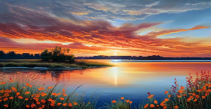 A sunset over a lake, with vibrant orange and red colors reflected in the water, and wildflowers in the foreground.
