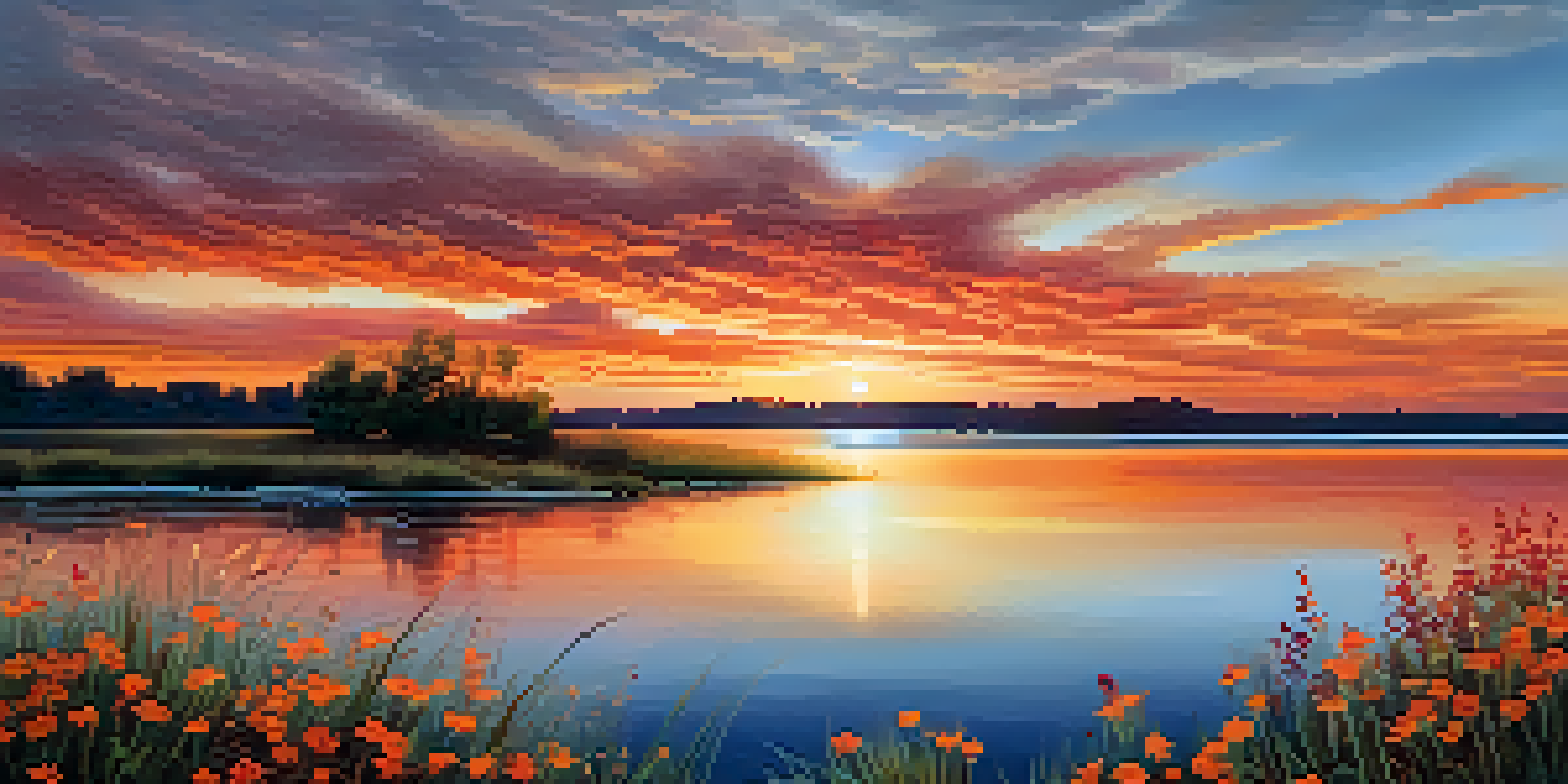 A sunset over a lake, with vibrant orange and red colors reflected in the water, and wildflowers in the foreground.
