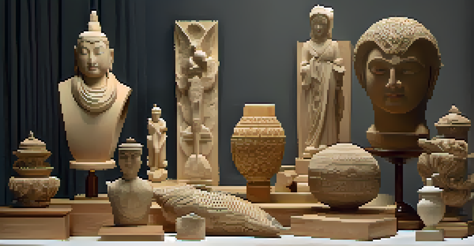 An elegant display of various carved sculptures made from wood and stone, arranged on a table with soft lighting to highlight their beauty.