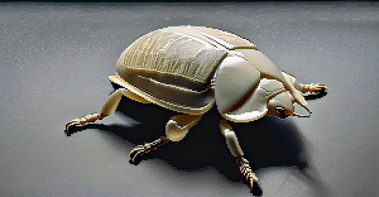 A close-up of a polished alabaster scarab beetle statue with intricate details on a dark surface, illuminated by soft lighting.