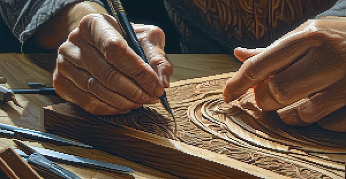 An artist's hands carving patterns into a wooden block, with tools and wood grain visible.