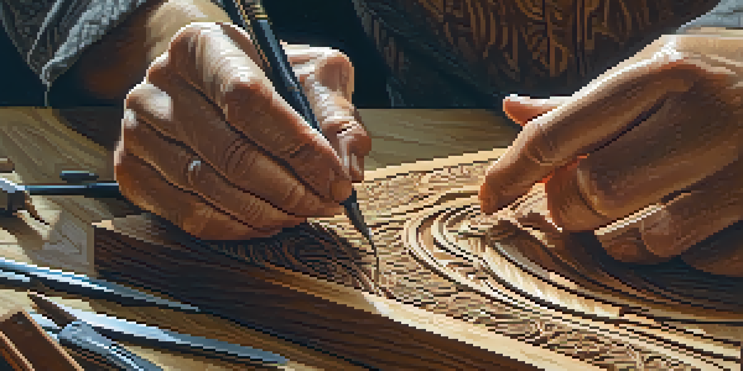An artist's hands carving patterns into a wooden block, with tools and wood grain visible.