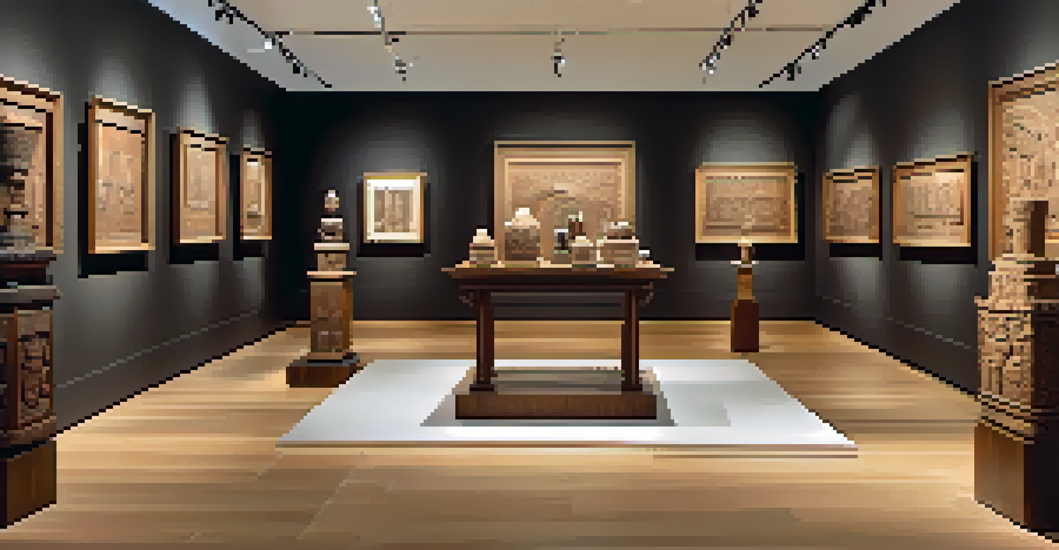 An art exhibition featuring carved wooden sculptures from different cultures under soft gallery lighting.