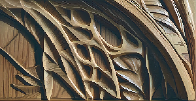 Close-up view of a carved wooden sculpture, highlighting its intricate textures and patterns illuminated by soft natural light.